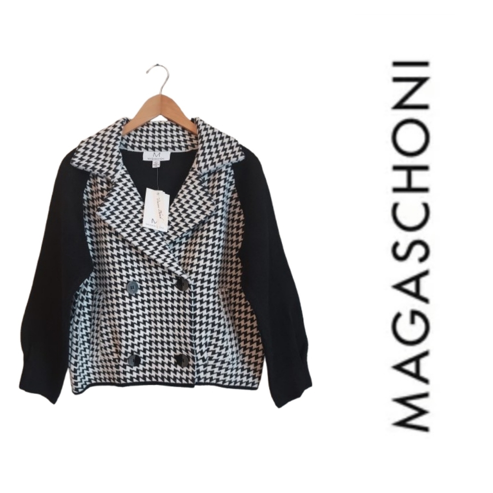 Magaschoni Black Herringbone Cardigan Sweater Jacket Size Small NEW NWT